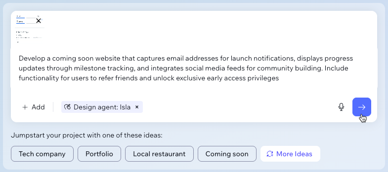 Screenshot of sending a prompt to generate a Wix Vibe site.