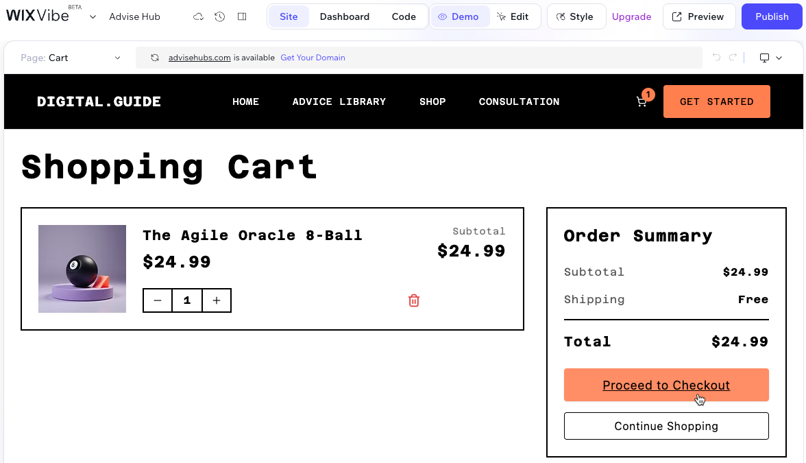 Screenshot of demoing a Shopping Cart page in the Wix Vibe Editor.