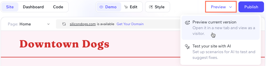 Screenshot of selecting the option to preview the current version of the site.