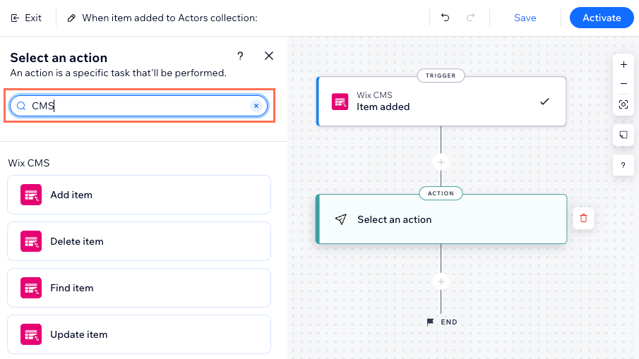 Captura de tela das ações do CMS disponíveis nas Automações Wix.