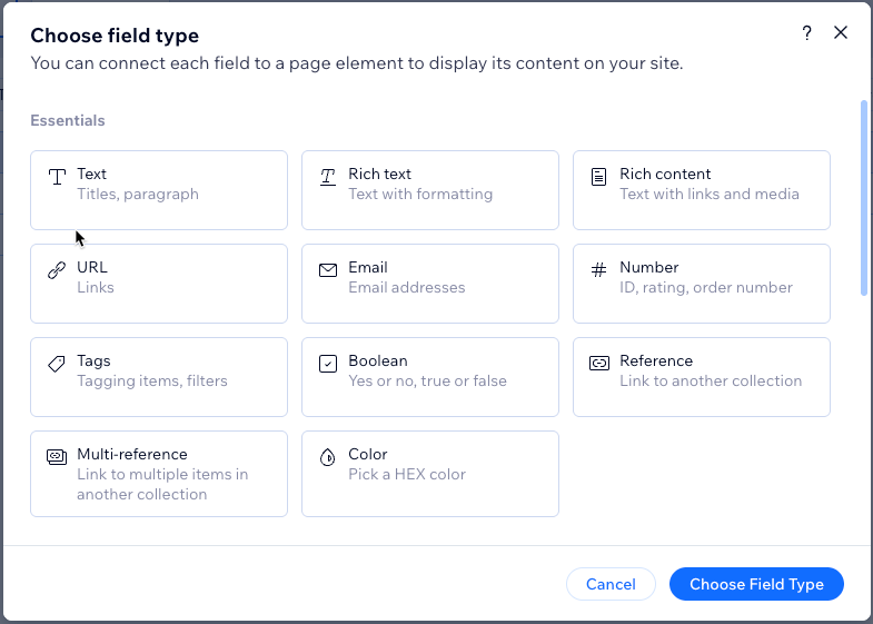 Screenshot of some of the collection field types you can add.