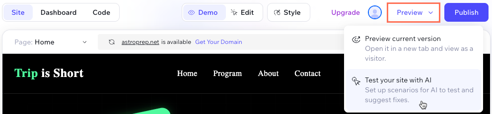 Screenshot of clicking to test a site with AI.
