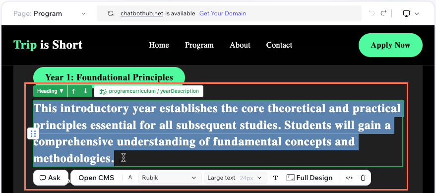 Screenshot of editing dynamic text in edit mode.