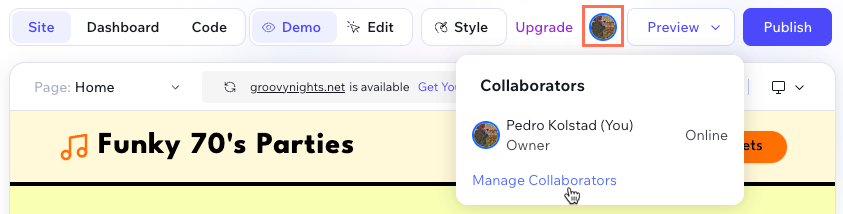 Screenshot of viewing collaborators in the Wix Vibe Editor.
