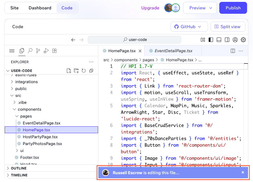 Screenshot showing a collaborator is editing a file in the Code tab.