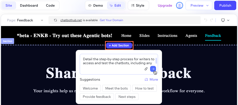 Screenshot of adding a new section in the Wix Vibe Editor.