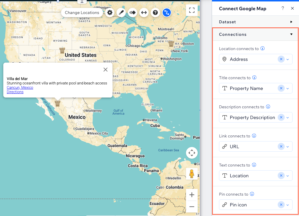 Screenshot showing the connection options for the Google Maps element.
