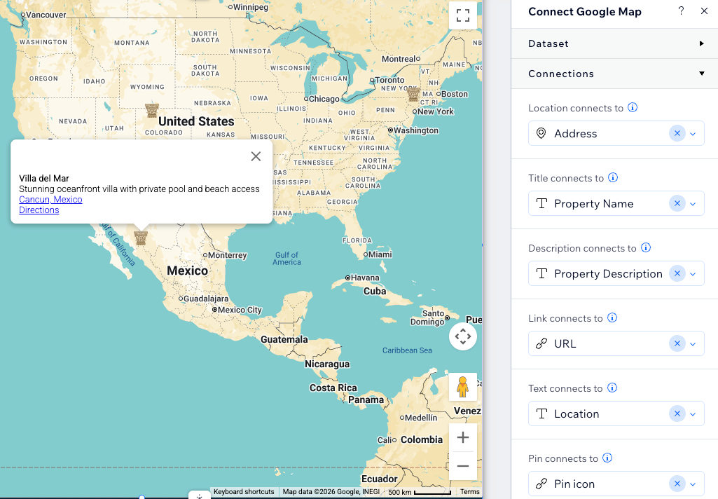 Screenshot of the Google Map element's CMS connections.