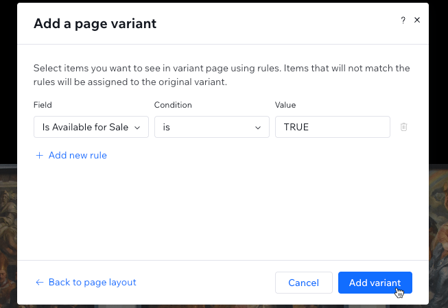 Screenshot of setting the variant page rules.