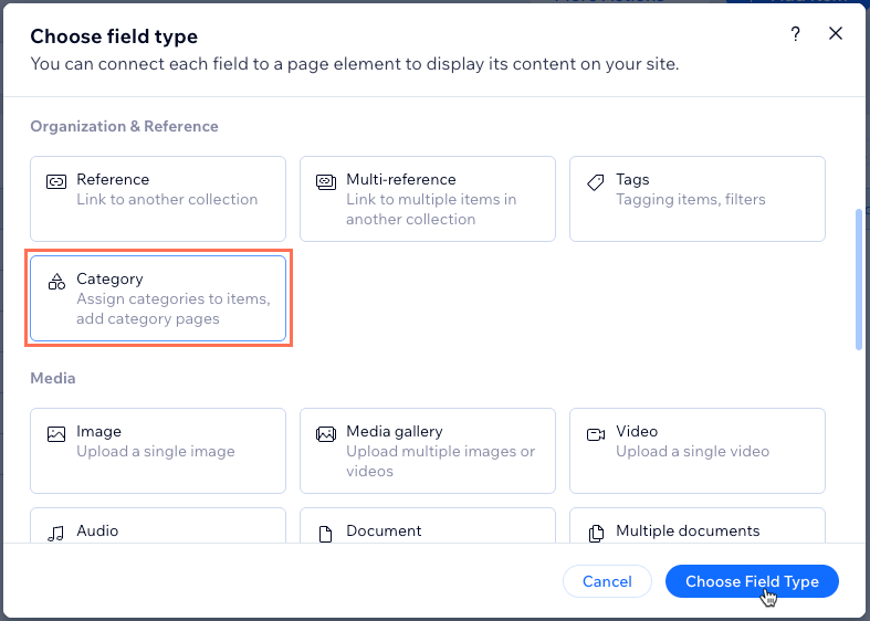 Screenshot of adding the Category field type.
