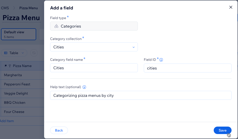 Screenshot of setting up and saving a Category field type.