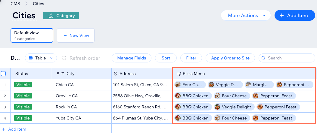 Screenshot of an 'Assigned Items' field named Pizza Menu.