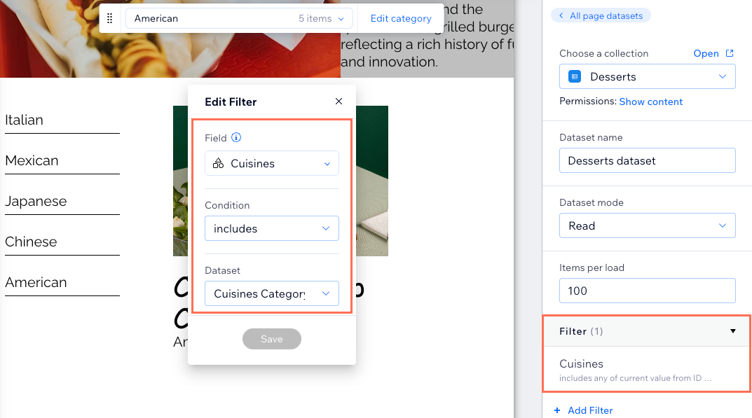 Screenshot of the dataset filter that is added automatically.