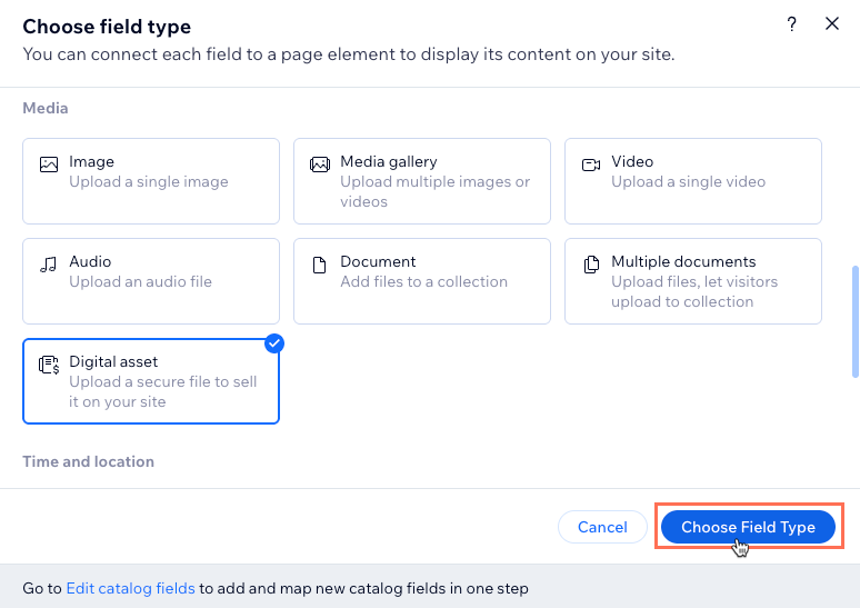 Screenshot of adding the digital asset field type.