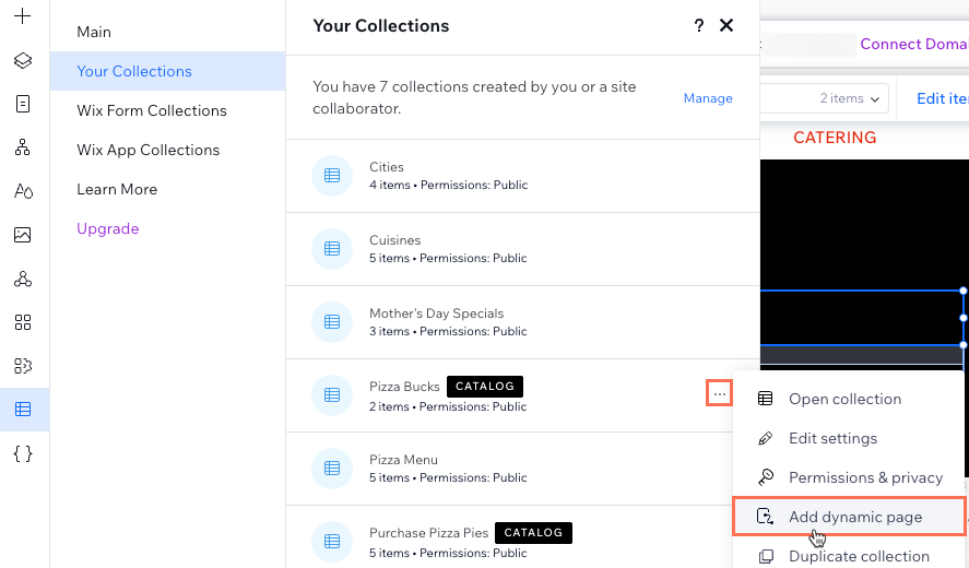 Screenshot of adding a dynamic page for a catalog collection.