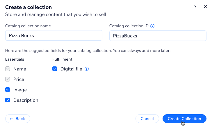 Screenshot of creating a catalog collection.