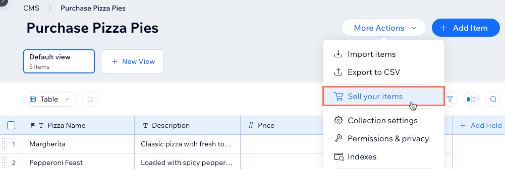 Screenshot of selecting Sell Your Items to convert an existing collection.