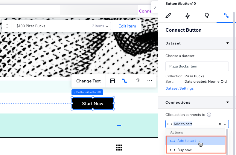 Screenshot of selecting the Add to Cart click action in the dataset.