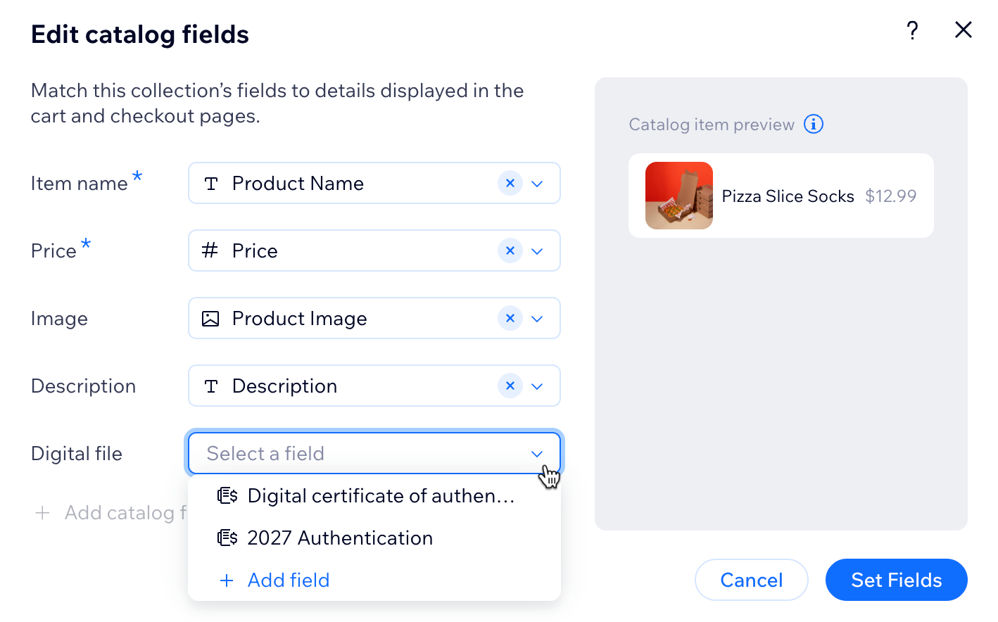 Screenshot of mapping a different Digital asset field.