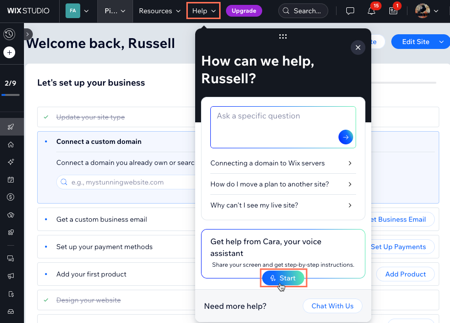 Screenshot of starting a conversation with Cara from a Wix site dashboard.
