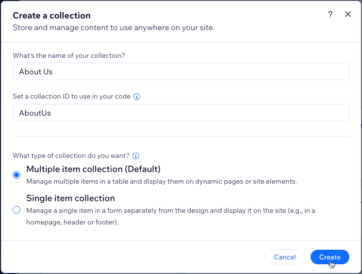Screenshot of creating a multiple item collection .