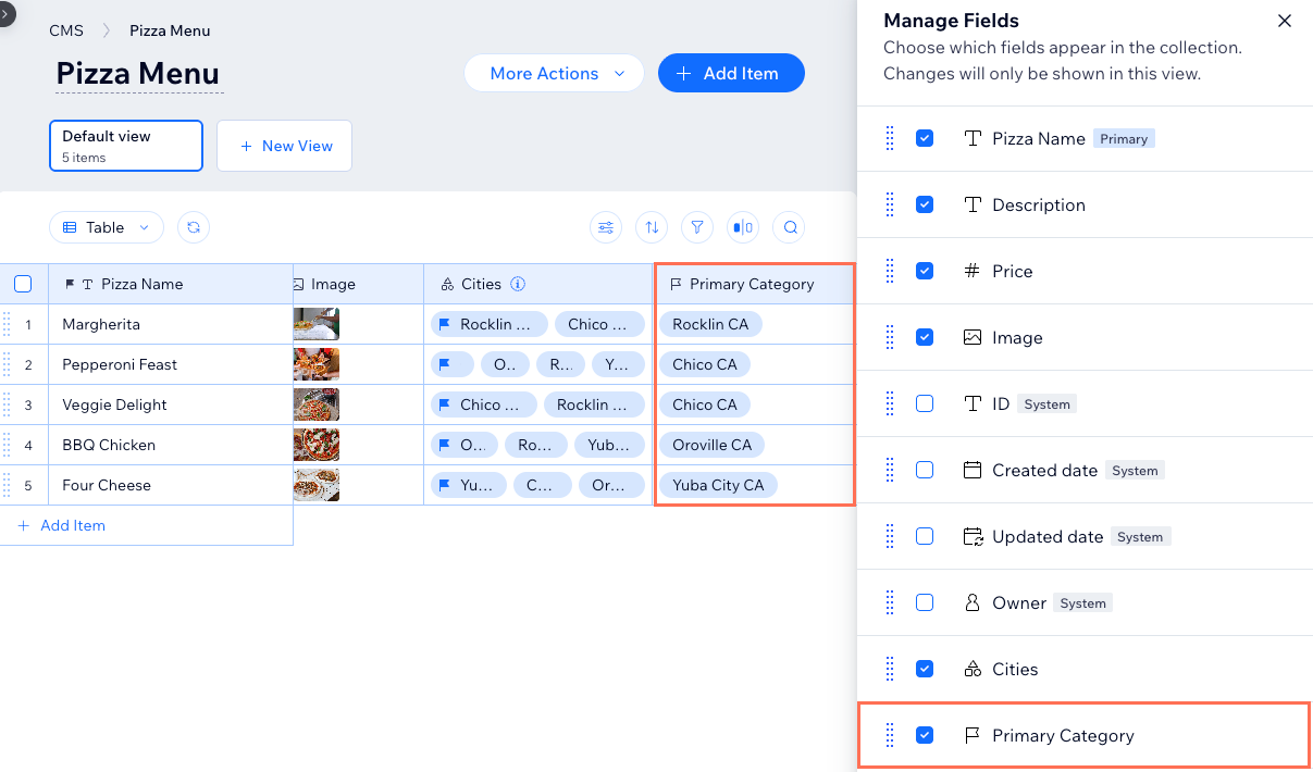 Screenshot showing an unhidden primary category field in a collection.