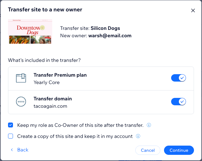 Screenshot of transferring a premium Wix Vibe site to another Wix account