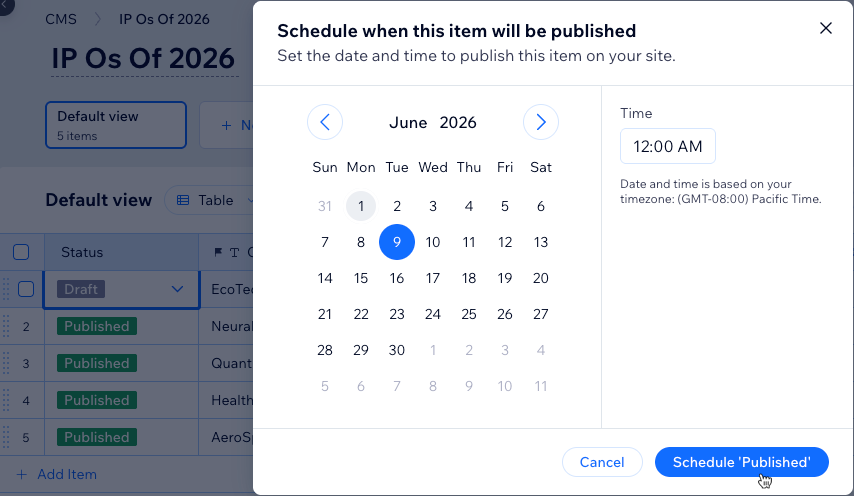 Screenshot of scheduling when an item will be published