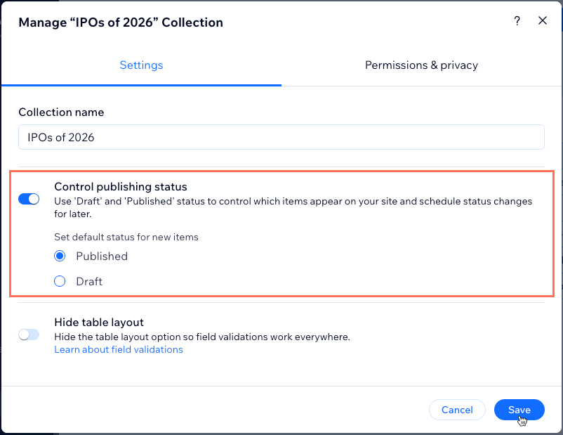 Screenshot of the 'Control publishing status' setting.