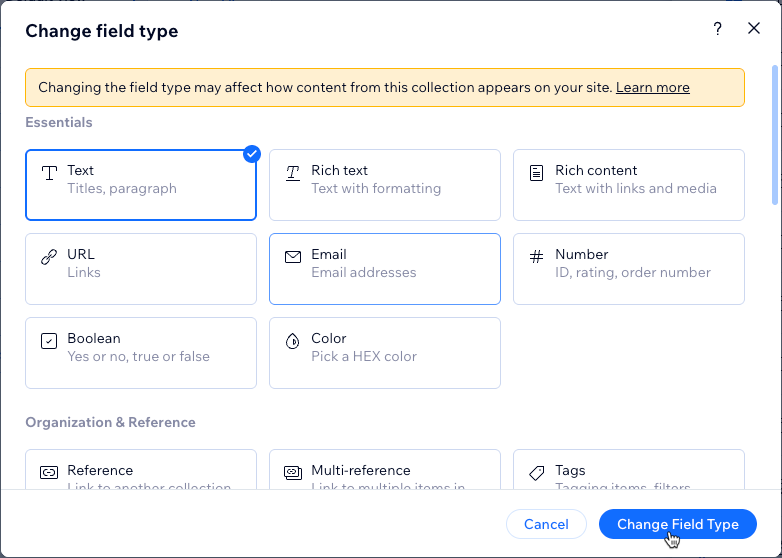 A screenshot of choosing from the available field types.