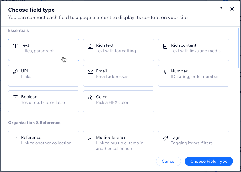 Screenshot of choosing a collection field.