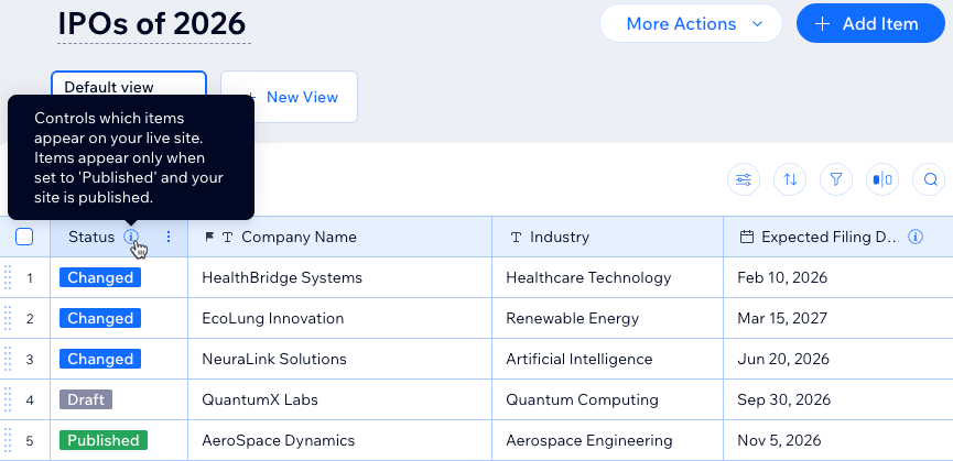 CMS コレクションに、アイテムの各種ステータスが表示されている様子を示したスクリーンショット。