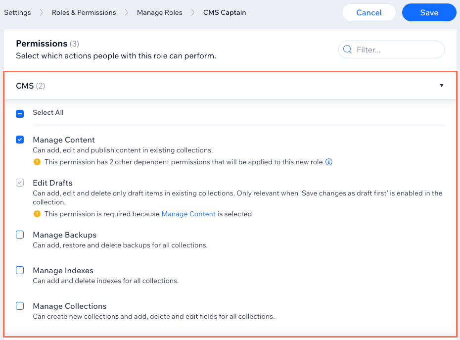 Screenshot of selecting CMS permissions for a custom role.