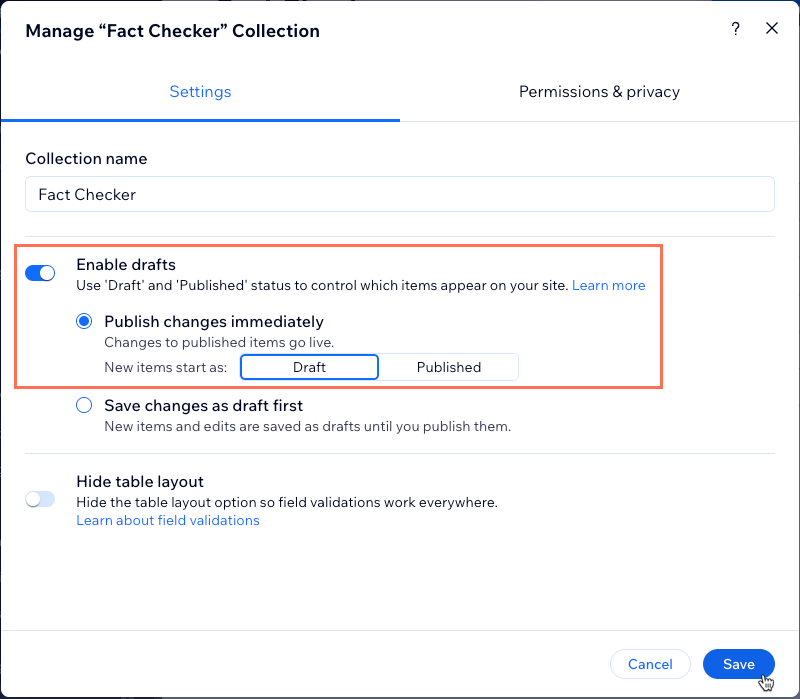 Screen shot of selecting the 'Publish Changes Immediately' collection setting.
