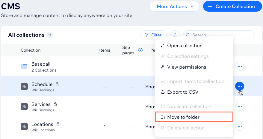 Screenshot of moving a collection into a folder.