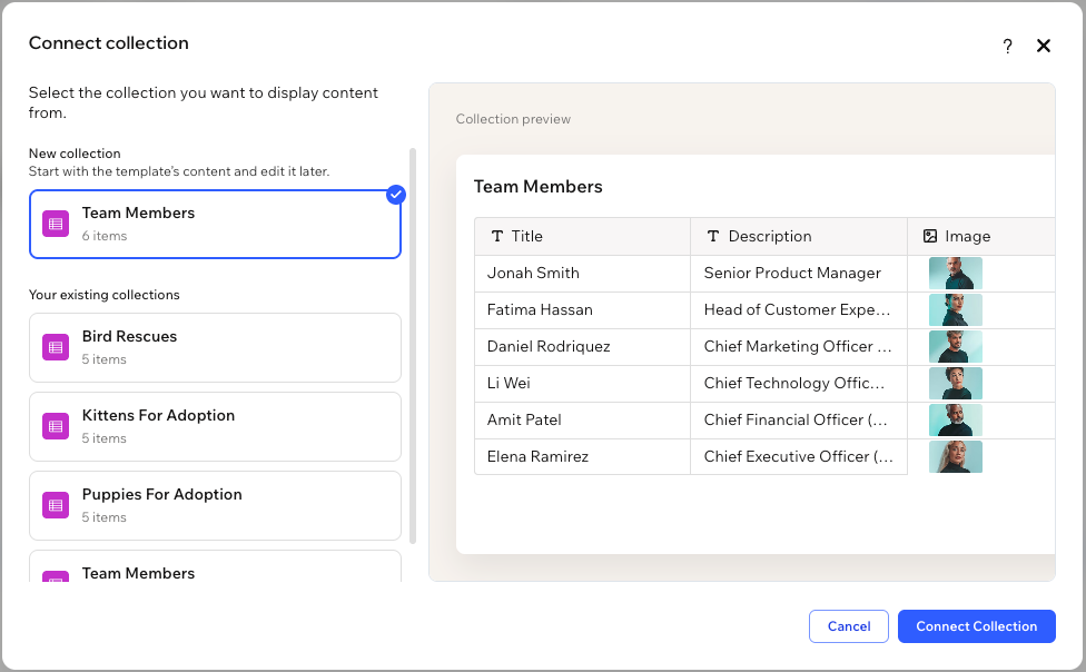 リピーターを接続する際に表示される「コレクションを接続」パネルのスクリーンショット。 