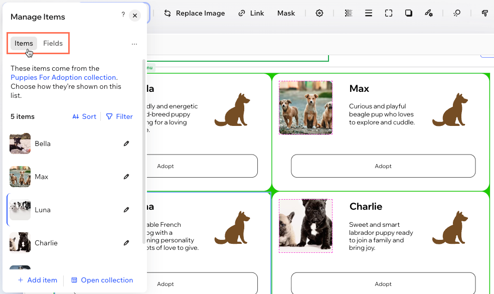 「アイテム」タブと「フィールド」タブが表示されている様子を示したスクリーンショット。 