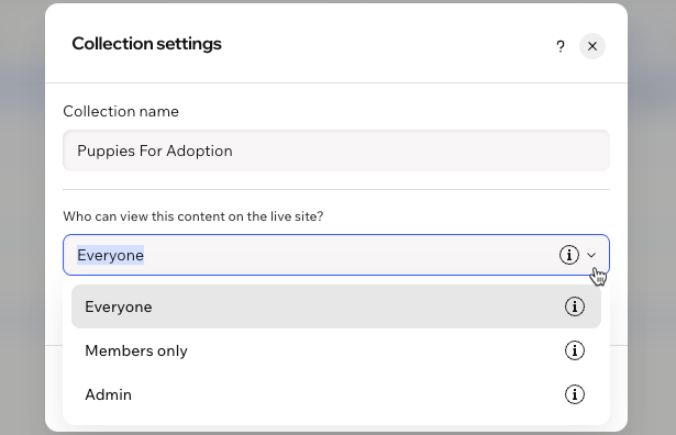 CMS コレクションの設定を変更する様子を示したスクリーンショット。