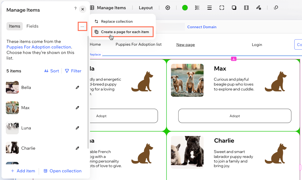 リピーターから各アイテムページを作成する様子を示したスクリーンショット。 