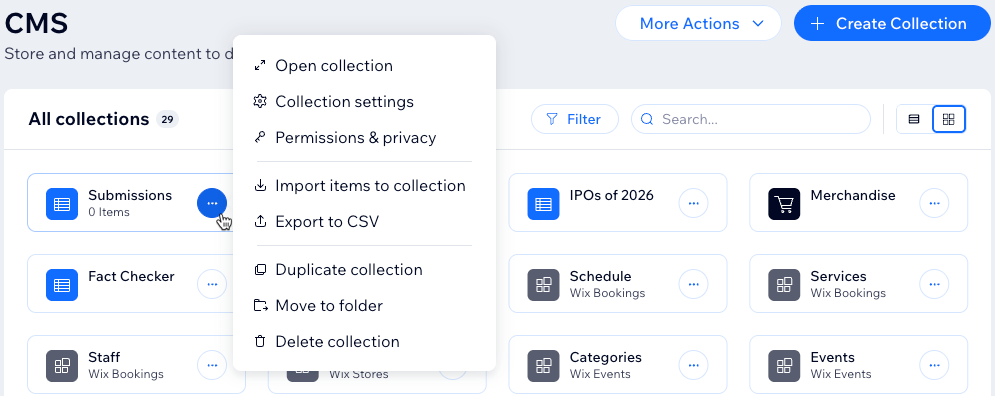 Capture d'écran des options disponibles lorsque vous cliquez sur l'icône Plus d'actions d'une collection.