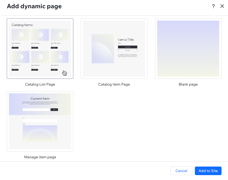 Screenshot of adding a dynamic page for your catalog collection