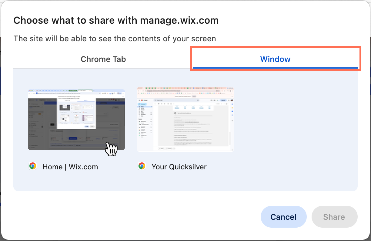 Screenshot of selecting the Window tab, then choosing the application window to share.