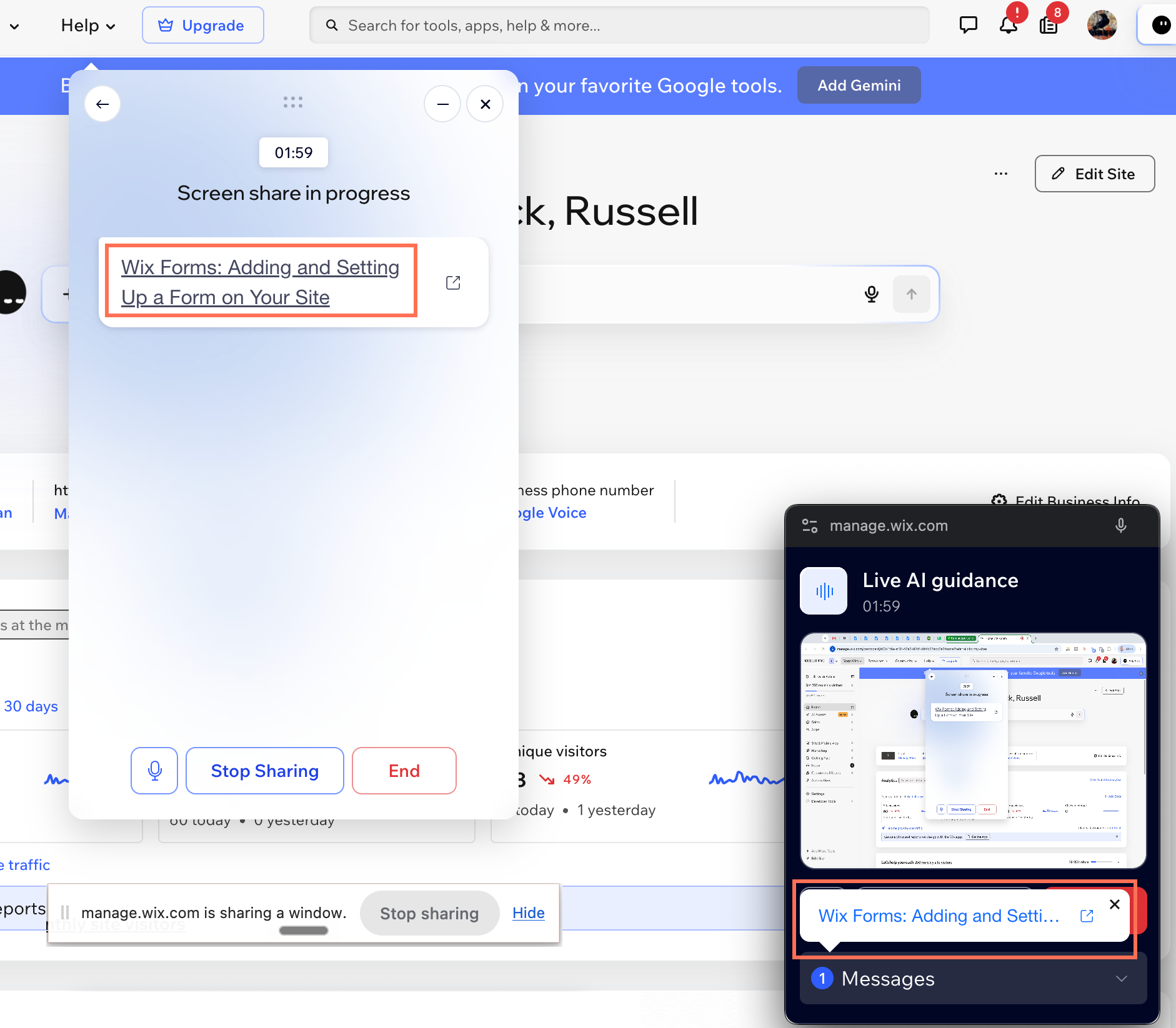 Screenshot showing links shared by Cara in a PIP window and the help widget 
