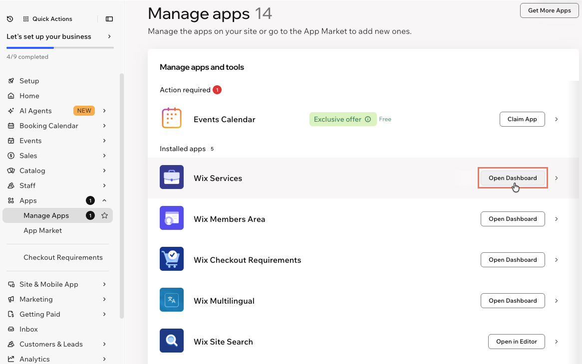 Captura de pantalla que muestra cómo abrir el panel de control de una app.
