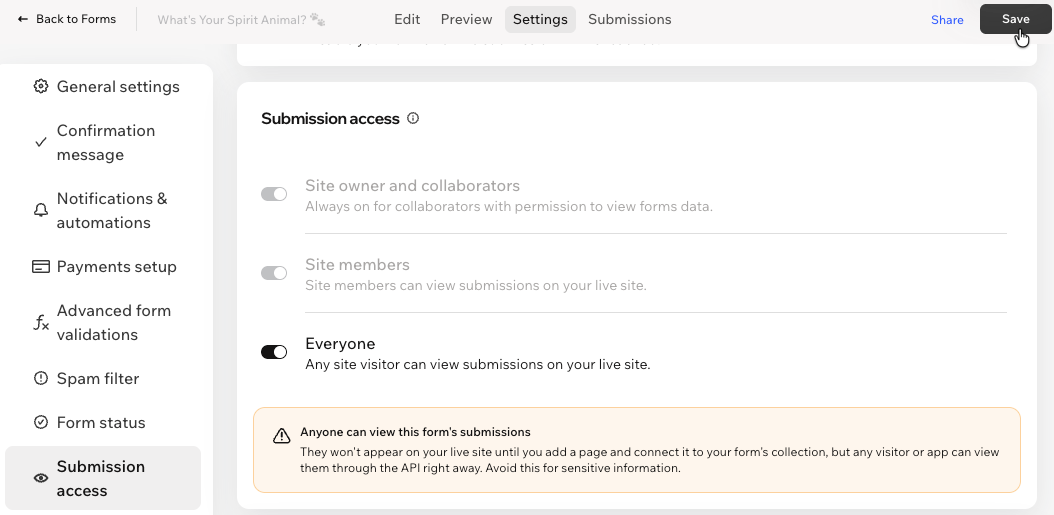 Screenshot of the submission access settings. 