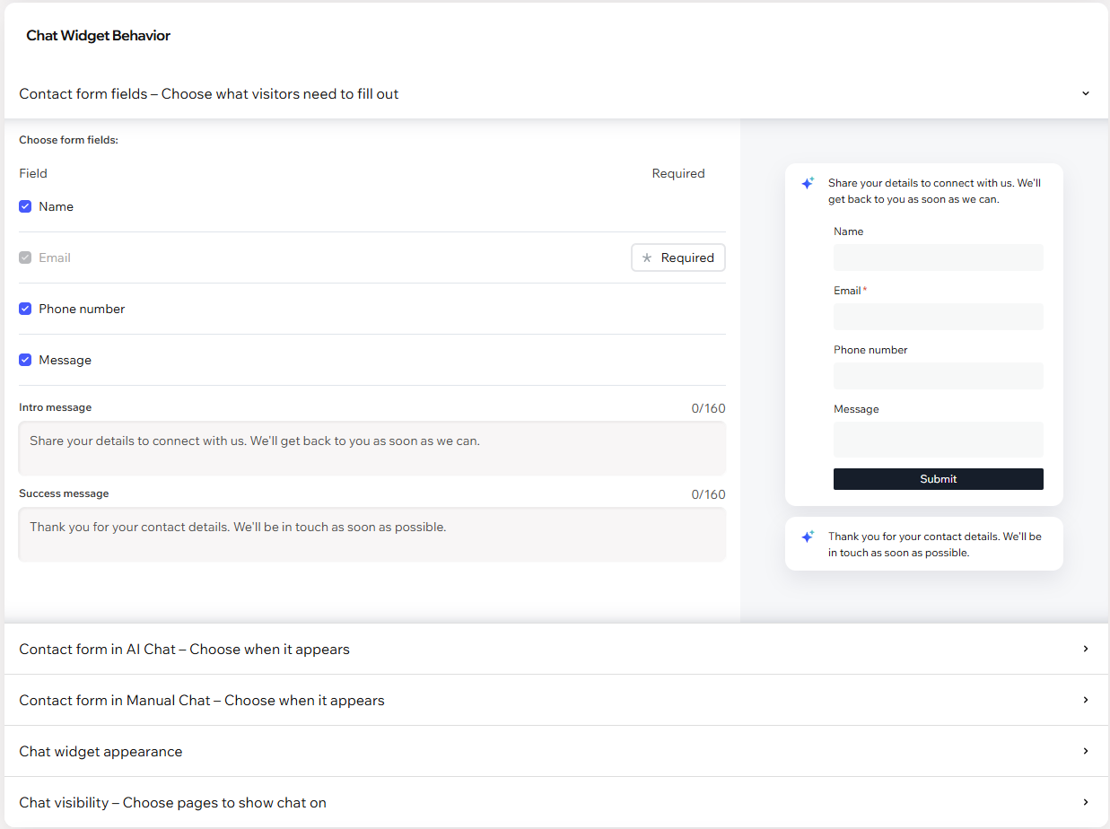 Screenshot van het Chat-widgetgedrag-scherm voor Wix Smart Chat