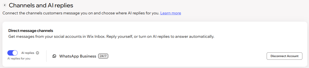 Screenshot of the Channels and AI replies screen with AI replies toggle on