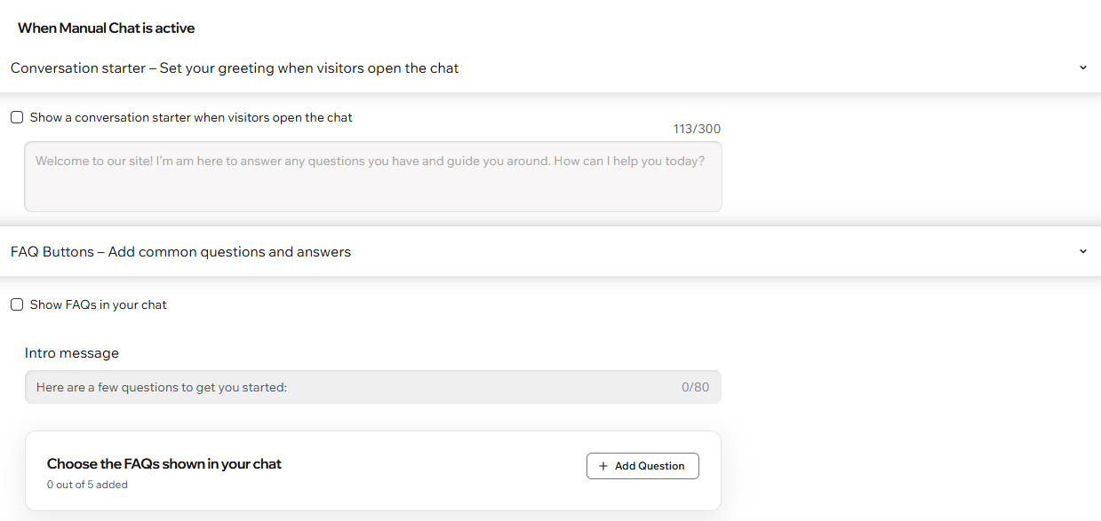 Een screenshot van de 'Wanneer handmatige chat actief is'-instelling in Wix Smart Chat.