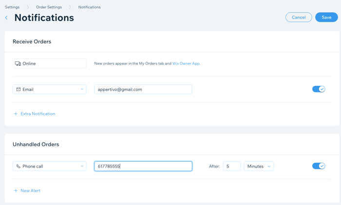 notification settings for receiving orders and unhandled orders