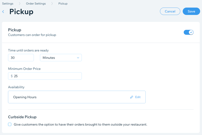 Pickup settings with time until orders are ready, minimum price, and availability